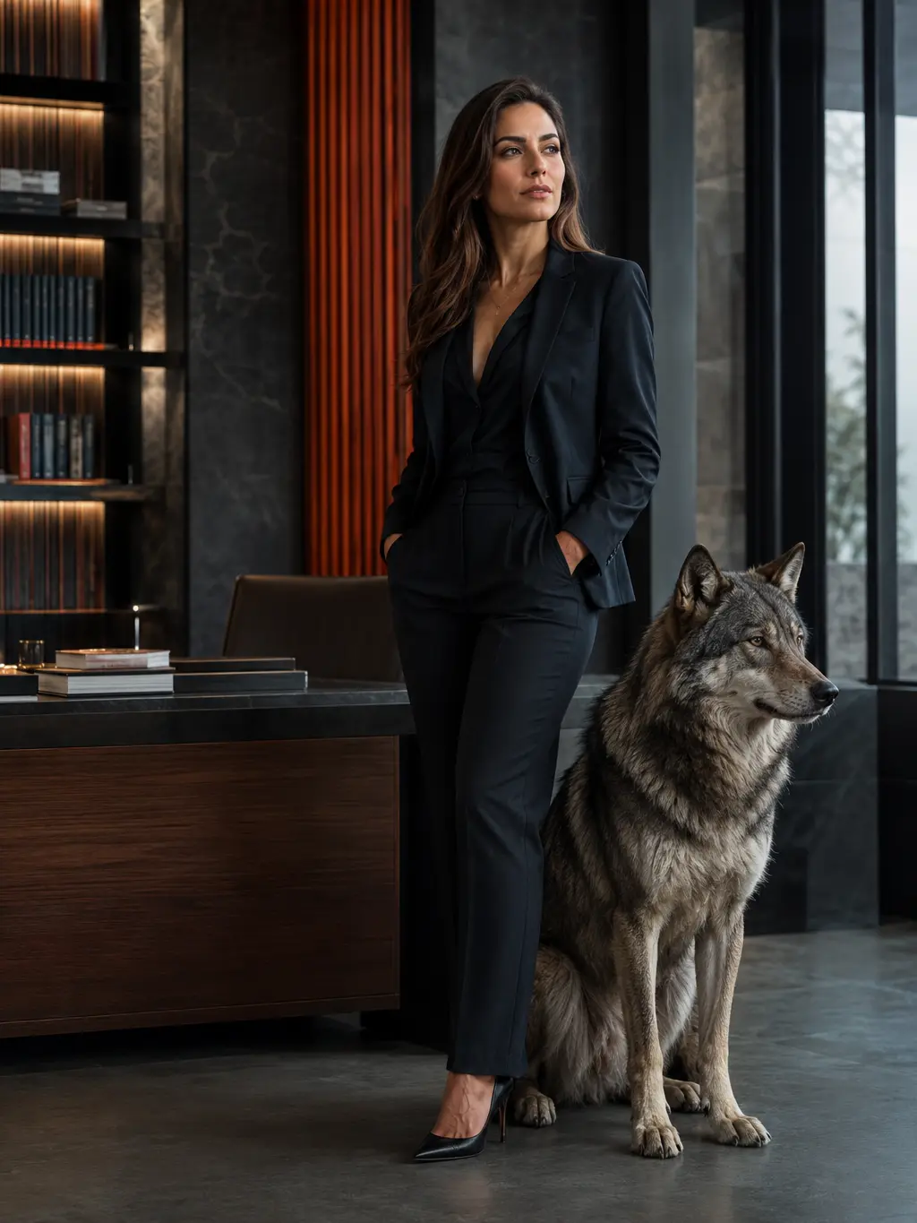 Advogada acompanhada por um lobo em um escritório contemporâneo