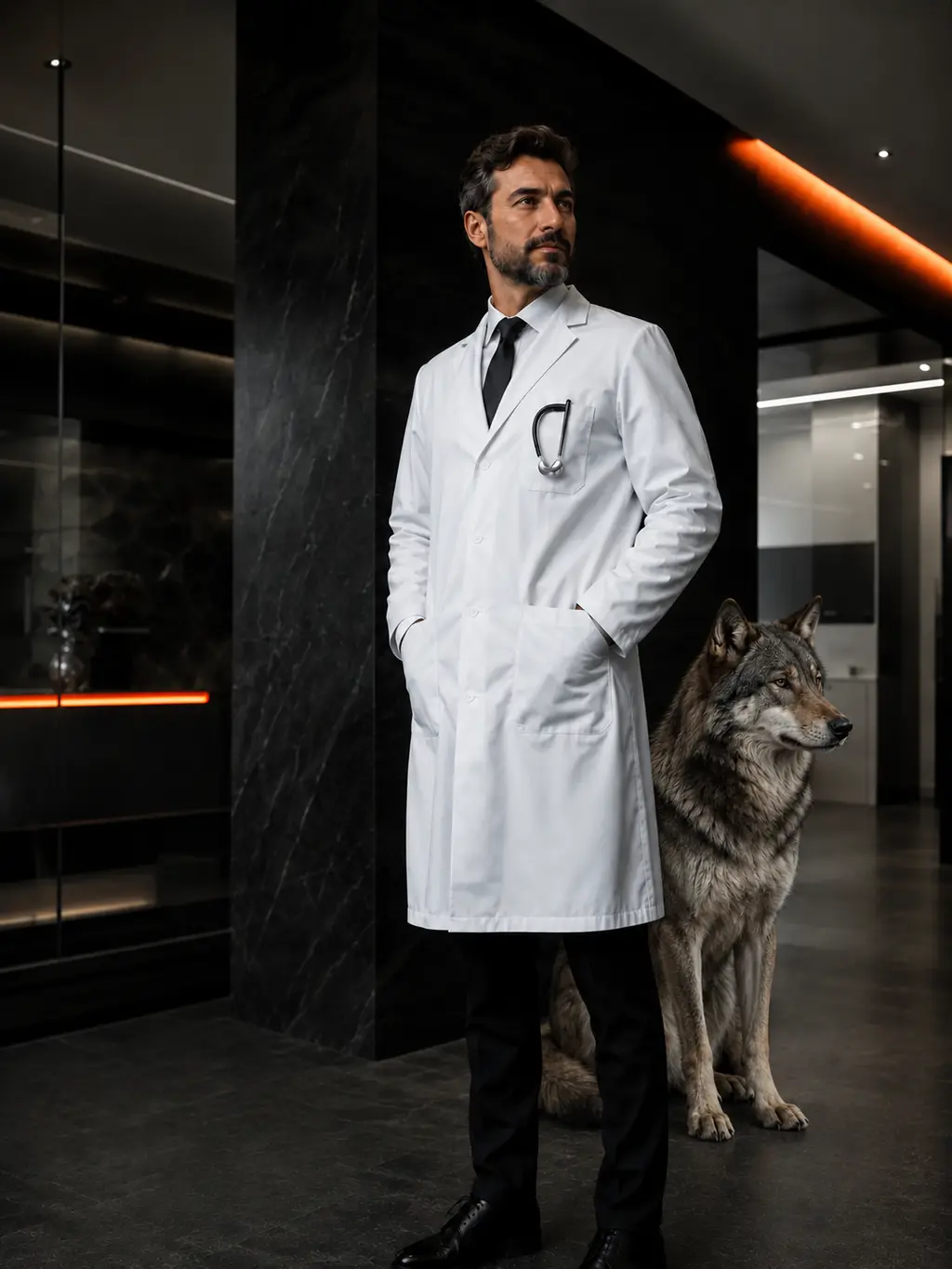 Médico em primeiro plano com um lobo protetor ao fundo em uma clínica contemporânea